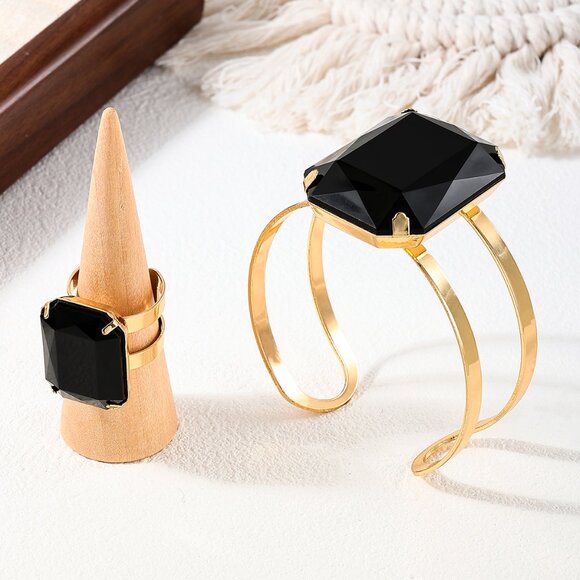 3/$35 Jewelry Set Bangle Bracelet and Ring Gold Black Gemstone Crystal Chunky - Picture 8 of 8